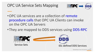 ©2018 Real-Time Innovations, Inc.
Service Sets IDL-defined DDS Services
OPC UA Service Sets Mapping
•OPC UA services are a collection of remote
procedure calls that OPC UA Clients can invoke
on the OPC UA Servers
•They are mapped to DDS services using DDS-RPC
 