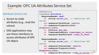 Attribute Service Set
 Access to node
attributes (e.g., read the
values)
 DDS applications may
use these interfaces to
access attributes of OPC
UA object.
©2018 Real-Time Innovations, Inc.
@DDSService
interface Attribute {
ResponseHeader read(
in string server_uri, // Identifies OPC
server
out sequence<DataValue> results,
out sequence<DiagnosticInfo>
diagnostic_infos,
in Duration max_age,
in TimestamsToReturn timestamps_to_return,
in sequence<ReadValueId> nodes_to_read);
ResponseHeader write(
in string server_uri, // Identifies OPC
server
out sequence<StatusCode> results,
out sequence<DiagnosticInfo>
diagnostic_infos,
in sequence<WriteValue> nodes_to_write);
Example: OPC UA Attributes Service Set
 