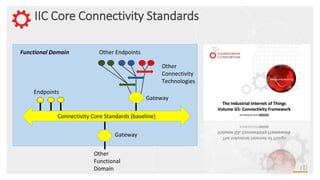 IIC Core Connectivity Standards
Endpoints
Other
Connectivity
Technologies
Connectivity Core Standards (baseline)
Gateway
Other EndpointsFunctional Domain
Other
Functional
Domain
Gateway
 
