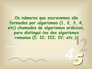 Os números que escrevemos são
formados por algarismos (1, 2, 3, 4,
etc) chamados de algarismos arábicos,
para distinguí-los dos algarismos
romanos (I; II; III; IV; etc.).
013456…
1
245
 