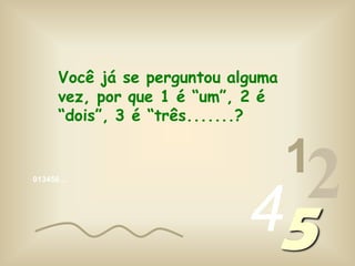 013456…
1
245
Você já se perguntou alguma
vez, por que 1 é “um”, 2 é
“dois”, 3 é “três.......?
 