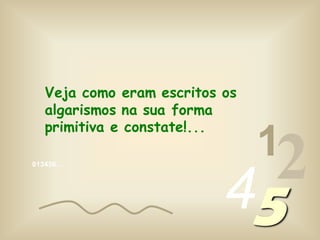 013456…
1
245
Veja como eram escritos os
algarismos na sua forma
primitiva e constate!...
 