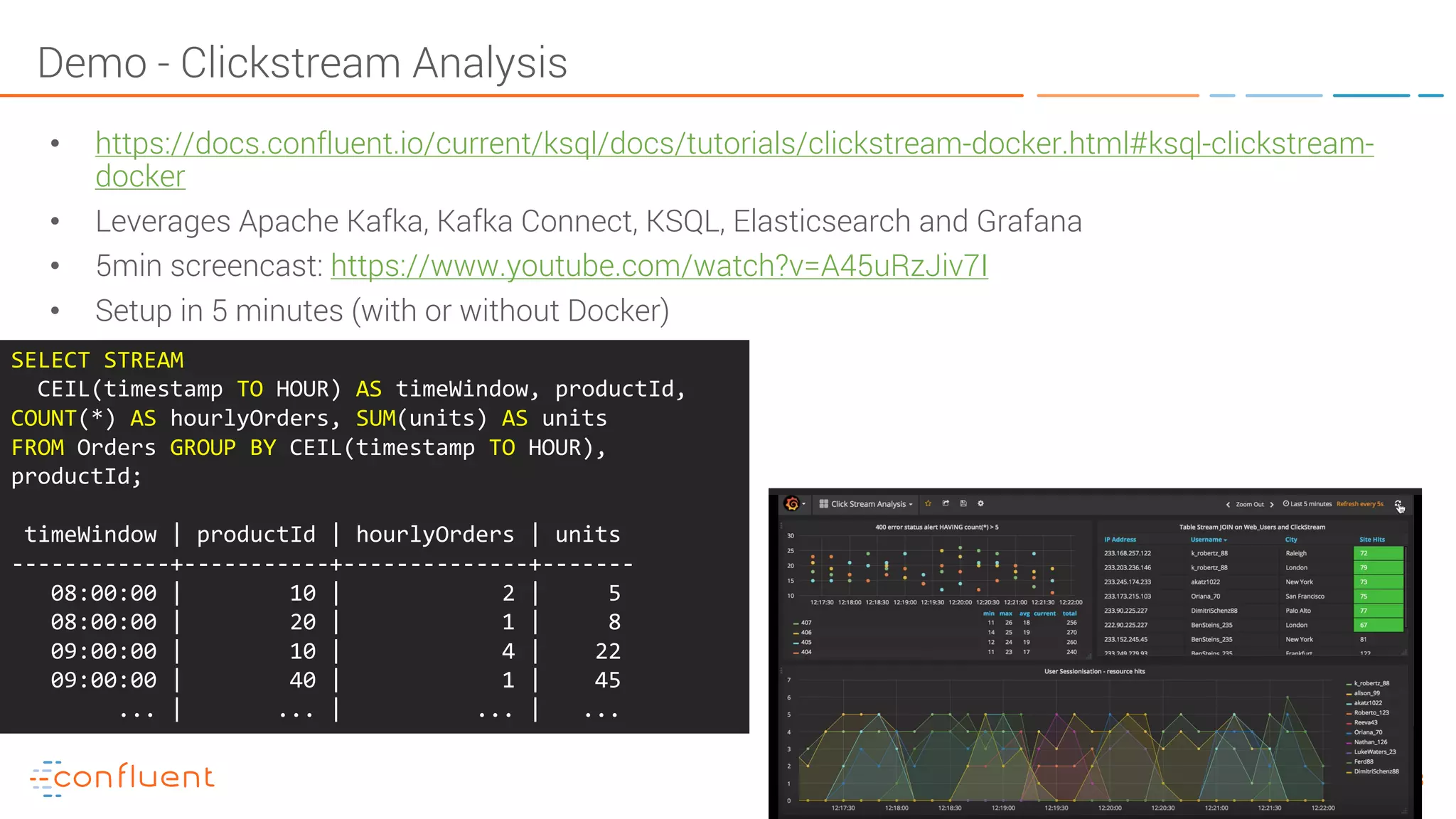 68KSQL- Streaming SQL for Apache Kafka Demo - Clickstream Analysis • https://docs.confluent.io/current/ksql/docs/tutorials/clickstream-docker.html#ksql-clickstream- docker • Leverages Apache Kafka, Kafka Connect, KSQL, Elasticsearch and Grafana • 5min screencast: https://www.youtube.com/watch?v=A45uRzJiv7I • Setup in 5 minutes (with or without Docker) SELECT STREAM CEIL(timestamp TO HOUR) AS timeWindow, productId, COUNT(*) AS hourlyOrders, SUM(units) AS units FROM Orders GROUP BY CEIL(timestamp TO HOUR), productId; timeWindow | productId | hourlyOrders | units ------------+-----------+--------------+------- 08:00:00 | 10 | 2 | 5 08:00:00 | 20 | 1 | 8 09:00:00 | 10 | 4 | 22 09:00:00 | 40 | 1 | 45 ... | ... | ... | ... 