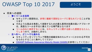 OWASP Top 10 2017
15
 ؤε
 tĩ`
 ƥԤϡǳ}j̤ʥ`ɤƤ뤳Ȥ
ޤ
 Τ褦kҊų뤿MÌθߤץ`
ϡ߶Ȥʥĩ`Ԫ˂䤨Ƥ댟TҤȤʤޤ
 ĩ`Τߤ椹뤳Ȥϡƥv`äҙ⤿餷
ƤޤΤǡᤷޤ
 ҤءɤؤǤM
 ƥ򥽥եȥ_kνMȫΥ`ˤ벻Ƿ
ʤΤȤ뤳Ȥ˼ФƤ
 OWASP Software Assurance Maturity Model (SAMM)οˤƤ
褦
 