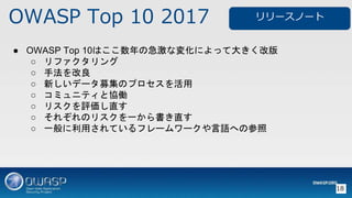 OWASP Top 10 2017
18
 OWASP Top 10Ϥμʉ仯ˤäƴ󤭤İ
 ե
 ַ
 ¤ǩ`ļΥץ
 ߥ˥ƥȅfP
 ꥹuֱ
 줾Υꥹһֱ
 һäƤե``Zؤβ
`Ω`
 