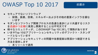 OWASP Top 10 2017
6
 奢Ǥʤեȥ
 ؔաҽlͥ륮`ӤҪեp
ޤ
 ʥեȥ_kץμ٤Miˤ깲ͨꥹ
Ѹ٤_˰kҊ_k뤳ȤϲǷǤ
 ʥߥ˥ƥOWASP Top 10ˌ᤬ޤ
 ޤTop 10ϥץꥱ`󥻥ƥΥǥե?
`ɤȤʤäƤޤ
 ץꥱ`󥻥ƥΆ}᰸ϺĴ_JǤ
ṩޤ
 `m
ǰ
 