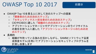 OWASP Top 10 2017
7
 OWASP Top 10ҊˤˌƴΤΥƥåפؤ᰸
 _kߤΤδΤΥƥåס
 ƥƥȵߤΤδΤΥƥåס
 CIOCISOmMΤδΤΥƥåס
 ץꥱ`ޥͩ`䥢ץꥱ`Υ饤ե
؟Τ֤ˤmץꥱ`ޥͩ`Τδ
Υƥåס
 Lڵ
 M֤äƤ돊ߤʤ顢SAMM(եȥƷ|
ȥǥ)äƥץꥱ`󥻥ƥץ
ӋyƤޤ
ǰ
 