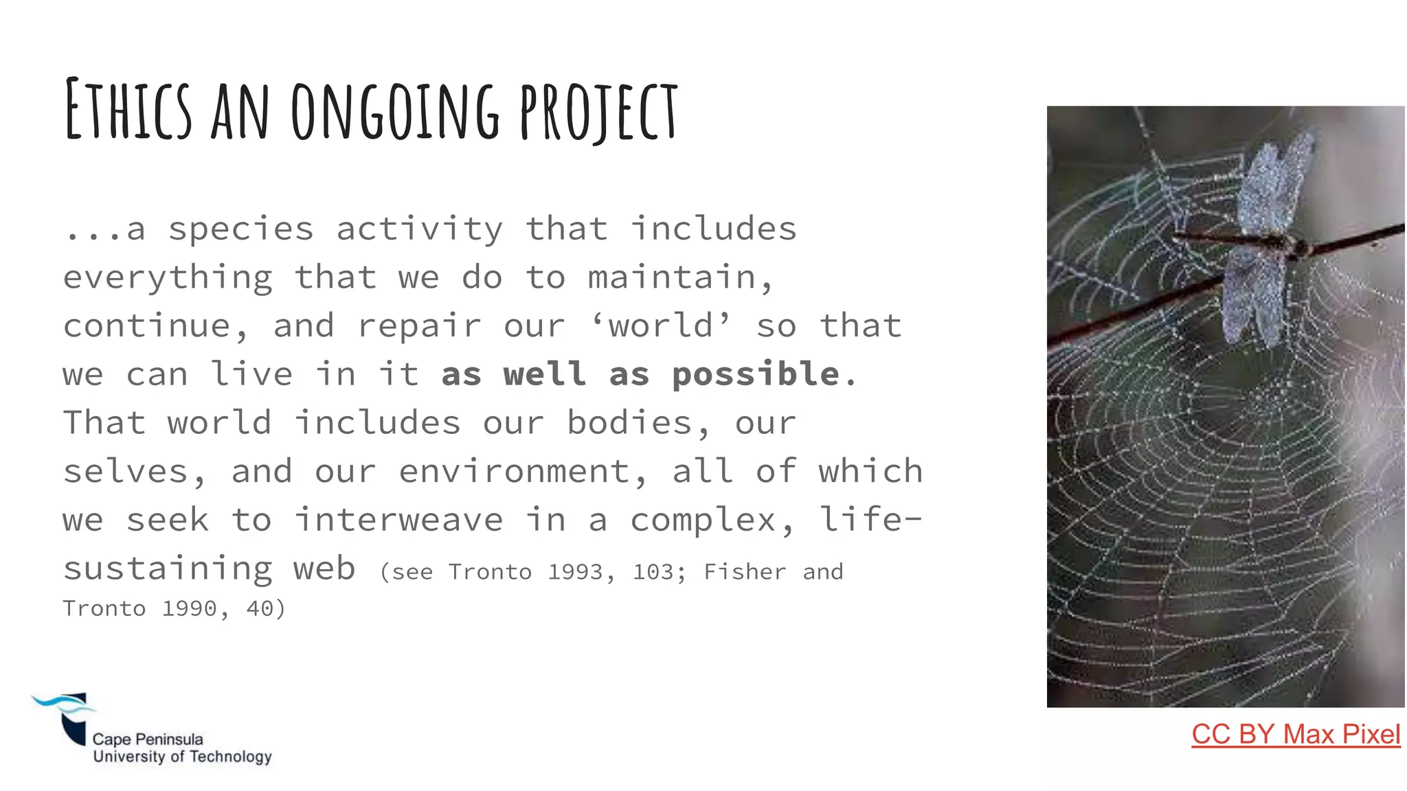 Ethics an ongoing project
...a species activity that includes
everything that we do to maintain,
continue, and repair our ‘world’ so that
we can live in it as well as possible.
That world includes our bodies, our
selves, and our environment, all of which
we seek to interweave in a complex, life-
sustaining web (see Tronto 1993, 103; Fisher and
Tronto 1990, 40)
CC BY Max Pixel
 