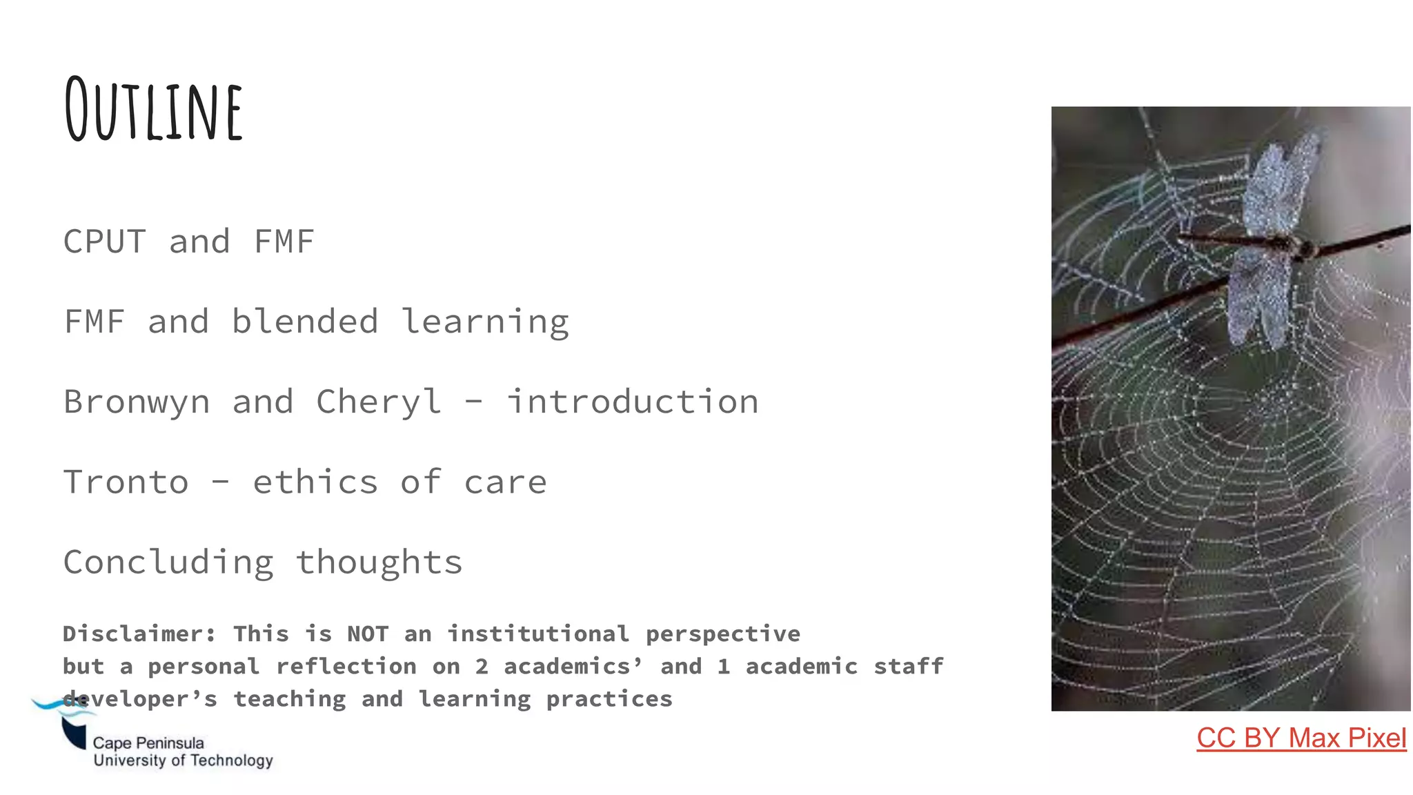 Outline
CPUT and FMF
FMF and blended learning
Bronwyn and Cheryl - introduction
Tronto - ethics of care
Concluding thoughts
Disclaimer: This is NOT an institutional perspective
but a personal reflection on 2 academics’ and 1 academic staff
developer’s teaching and learning practices
CC BY Max Pixel
 