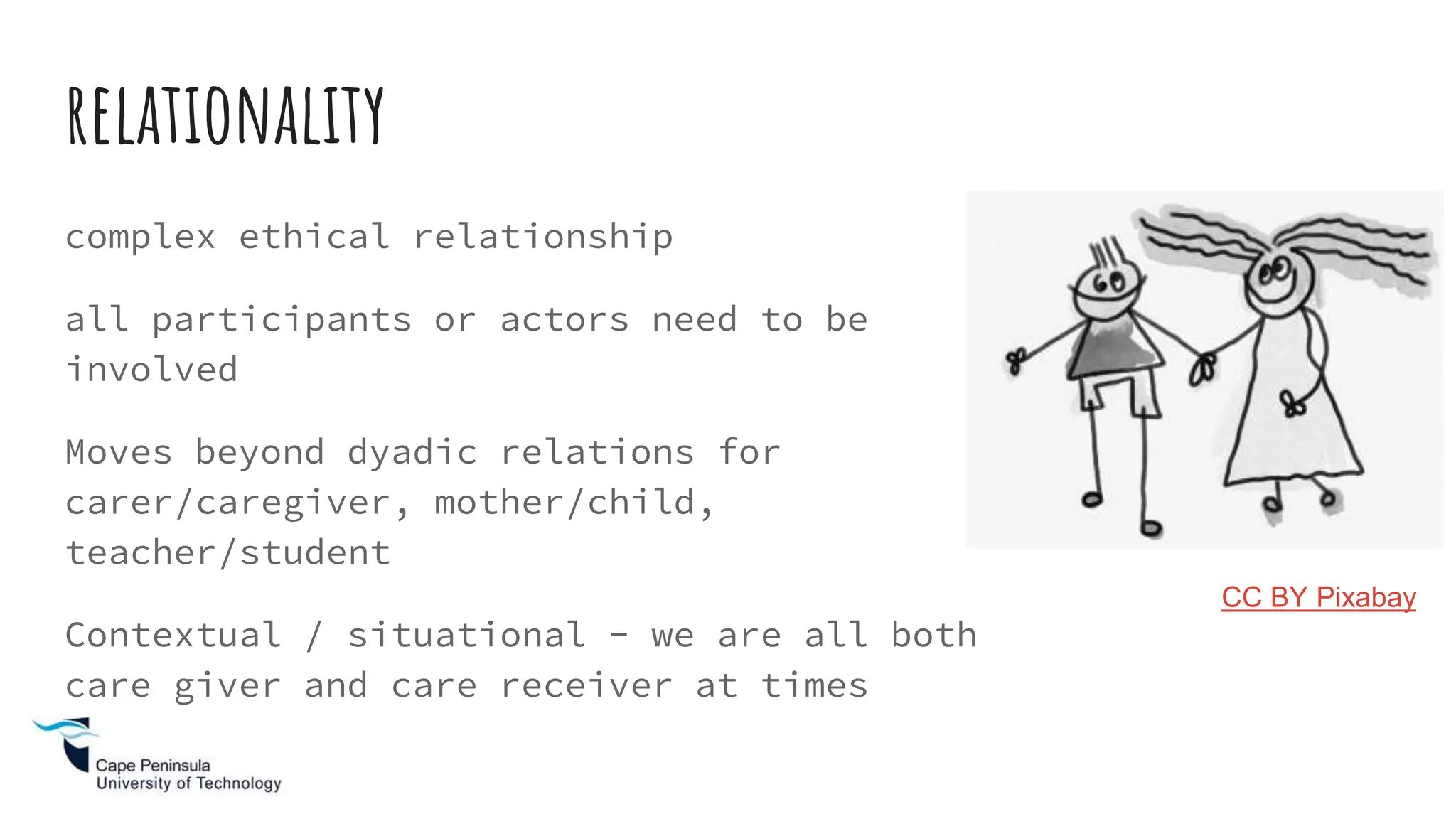 relationality
complex ethical relationship
all participants or actors need to be
involved
Moves beyond dyadic relations for
carer/caregiver, mother/child,
teacher/student
Contextual / situational - we are all both
care giver and care receiver at times
CC BY Pixabay
 