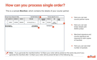 This is a sample Manifest, which contains the details of your courier partner
How can you process single order?
Note – If you generate the manifest before 12:00pm your order will be picked on the same day and if you
generate the manifest after 12:00pm your order will be picked till 6pm of the following day
a
b
c
d
Here you can see
courier partner name
a.
Here you can see
Order details with
AWB number
b.
Merchant signature and
courier signature are
required on both copies
of manifest
c.
Here you can see total
number of packets
d.
 