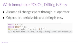 With Immutable POJOs, Diffing is Easy
● Assume all changes went through `=` operator
● Objects are serializable and diffing is easy
 