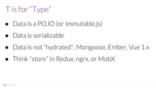 T is for “Type”
● Data is a POJO (or Immutable.js)
● Data is serializable
● Data is not “hydrated”: Mongoose, Ember, Vue 1.x
● Think “store” in Redux, ngrx, or MobX
 