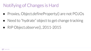 Notifying of Changes is Hard
● Proxies, Object.defineProperty() are not POJOs
● Need to “hydrate” object to get change tracking
● RIP Object.observe(), 2011-2015
 
