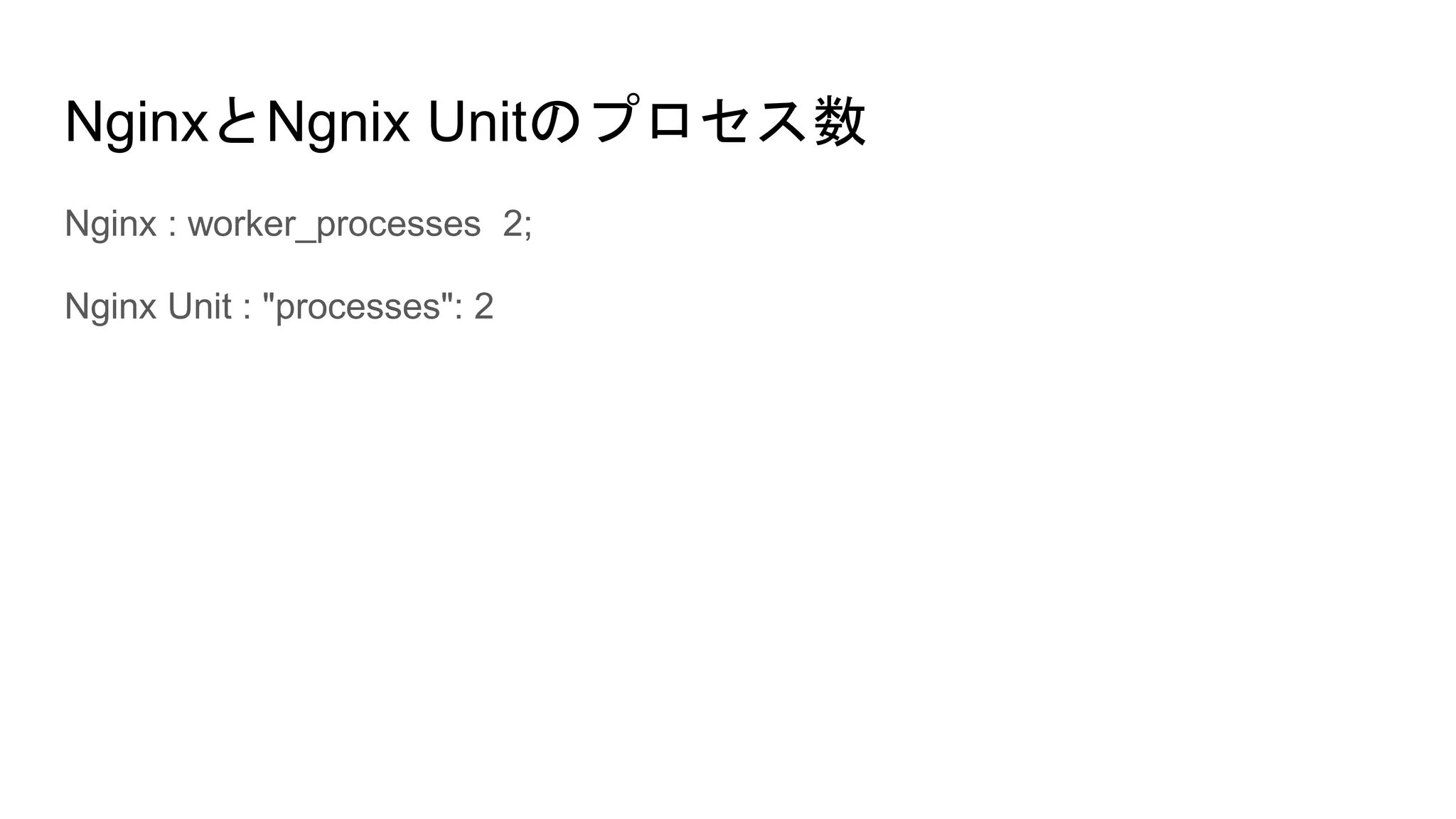 NginxとNgnix Unitのプロセス数
Nginx : worker_processes 2;
Nginx Unit : "processes": 2
 