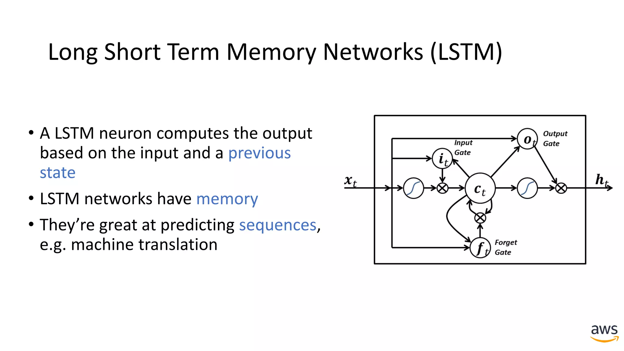 Long Short Term Memory Networks (LSTM)
• A LSTM neuron computes the output
based on the input and a previous
state
• LSTM networks have memory
• They’re great at predicting sequences,
e.g. machine translation
 