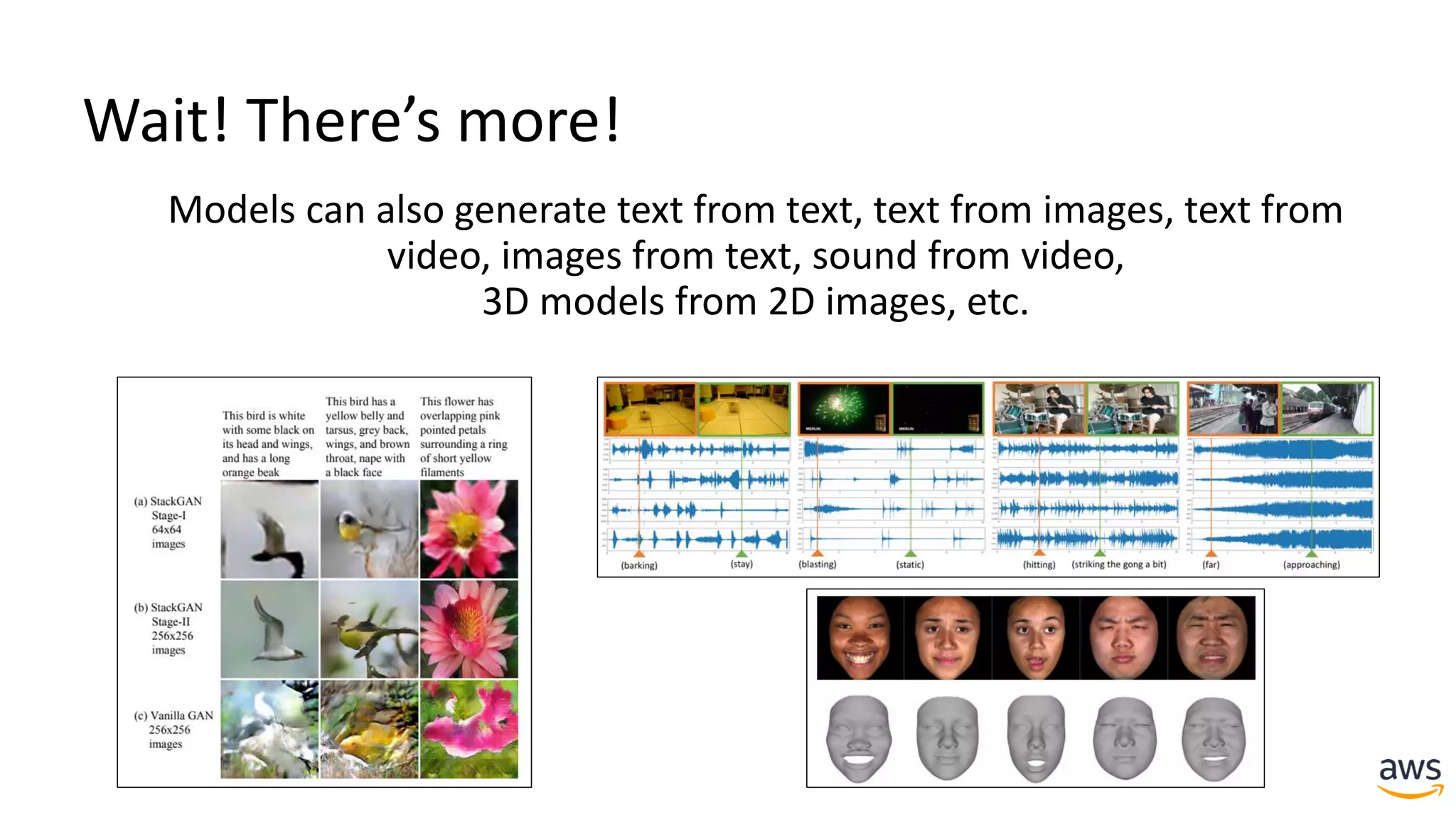 Wait! There’s more!
Models can also generate text from text, text from images, text from
video, images from text, sound from video,
3D models from 2D images, etc.
 