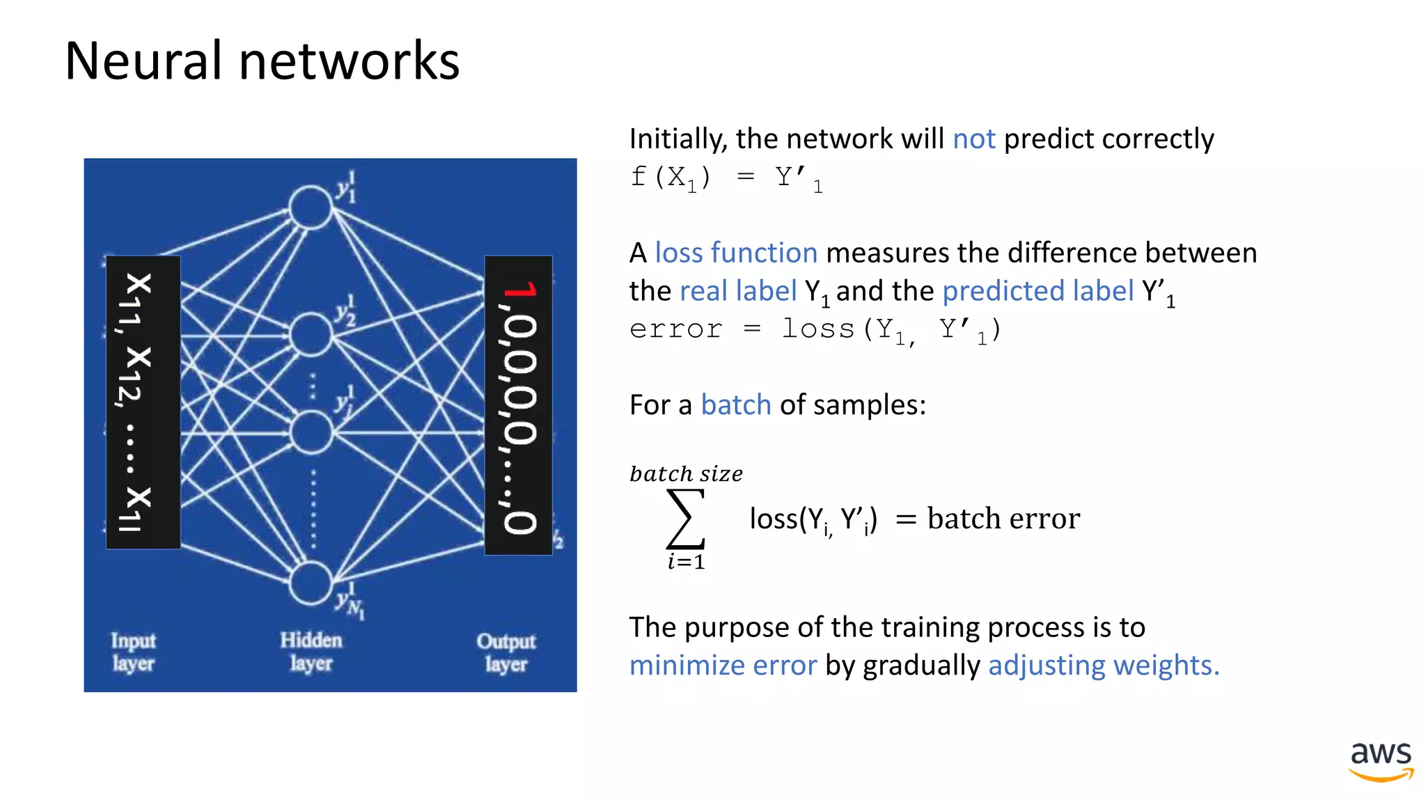 Initially, the network will not predict correctly
f(X1) = Y’1
A loss function measures the difference between
the real label Y1 and the predicted label Y’1
error = loss(Y1, Y’1)
For a batch of samples:
෍
𝑖=1
𝑏𝑎𝑡𝑐ℎ 𝑠𝑖𝑧𝑒
loss(Yi, Y’i) = batch error
The purpose of the training process is to
minimize error by gradually adjusting weights.
Neural networks
 