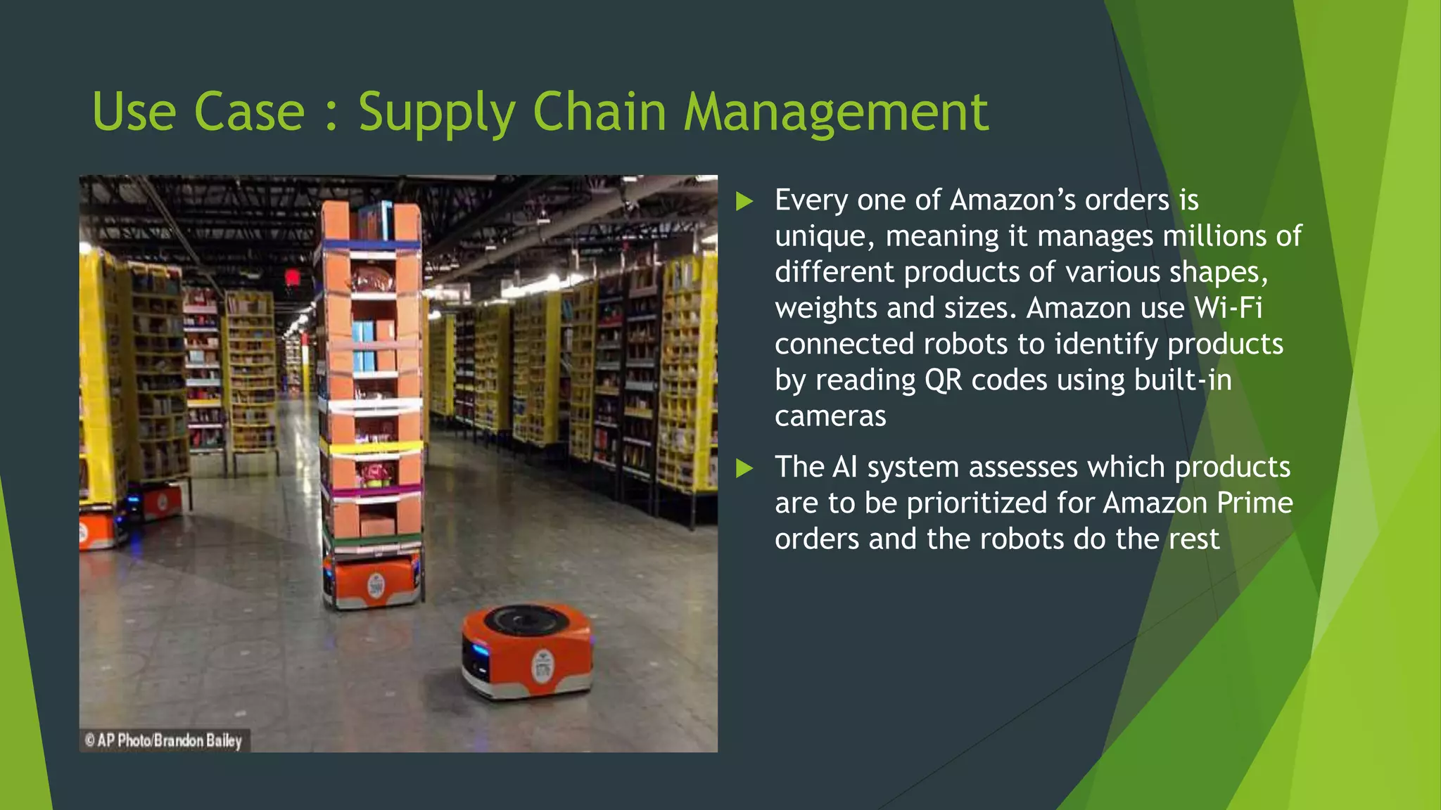 Use Case : Supply Chain Management
 Every one of Amazon’s orders is
unique, meaning it manages millions of
different products of various shapes,
weights and sizes. Amazon use Wi-Fi
connected robots to identify products
by reading QR codes using built-in
cameras
 The AI system assesses which products
are to be prioritized for Amazon Prime
orders and the robots do the rest
 