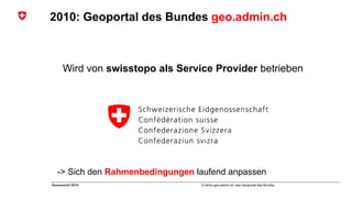 8 Jahre geo.admin.ch: das Geoportal des BundesGeosummit 2018
2010: Geoportal des Bundes geo.admin.ch
Wird von swisstopo als Service Provider betrieben
-> Sich den Rahmenbedingungen laufend anpassen
 