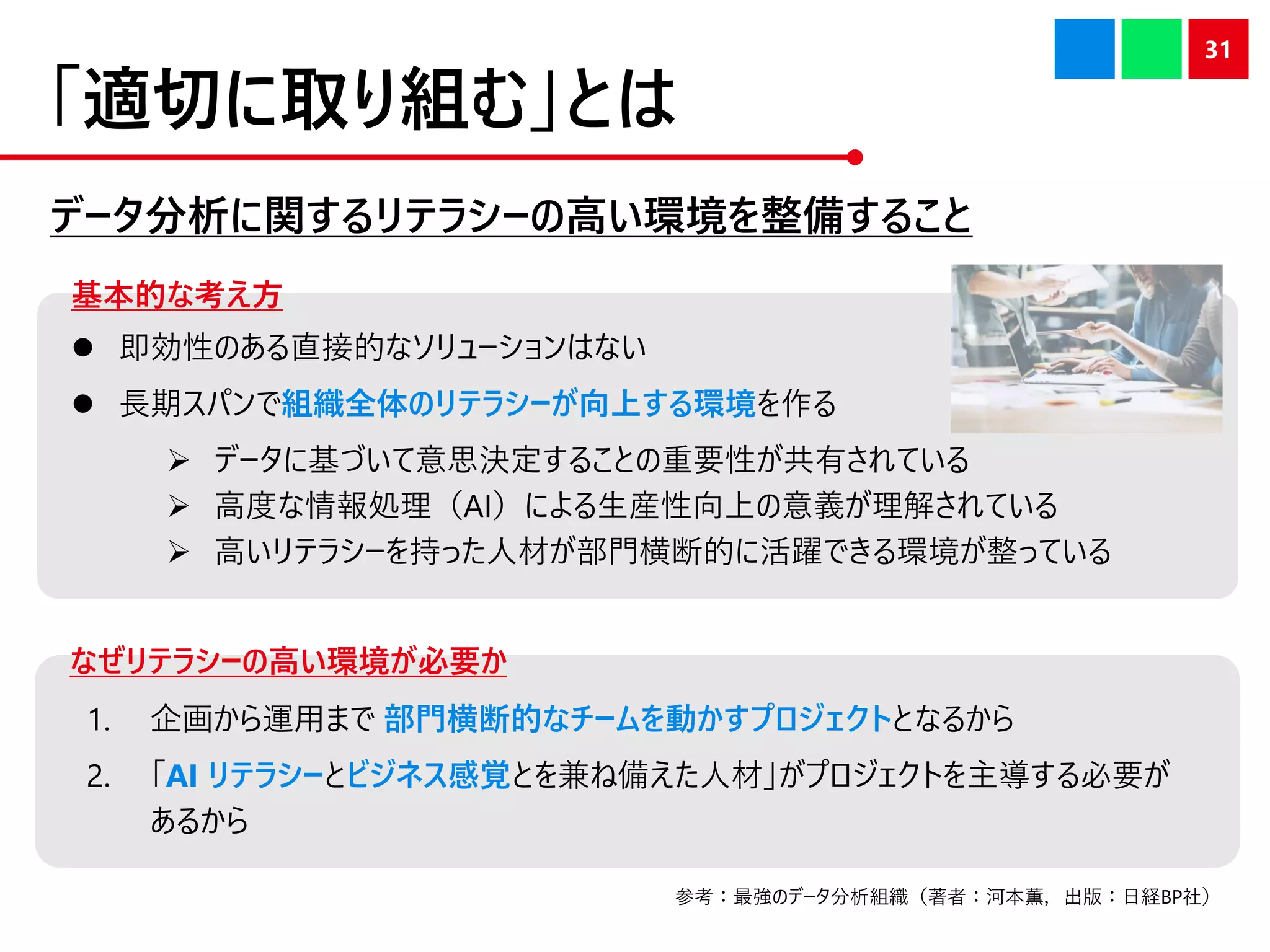 「適切に取り組む」とは
データ分析に関するリテラシーの高い環境を整備すること
31
基本的な考え方
⚫ 即効性のある直接的なソリューションはない
⚫ 長期スパンで組織全体のリテラシーが向上する環境を作る
➢ データに基づいて意思決定することの重要性が共有されている
➢ 高度な情報処理（AI）による生産性向上の意義が理解されている
➢ 高いリテラシーを持った人材が部門横断的に活躍できる環境が整っている
なぜリテラシーの高い環境が必要か
1. 企画から運用まで 部門横断的なチームを動かすプロジェクトとなるから
2. 「AI リテラシーとビジネス感覚とを兼ね備えた人材」がプロジェクトを主導する必要が
あるから
参考：最強のデータ分析組織（著者：河本薫，出版：日経BP社）
 