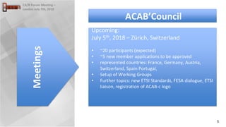 5
CA/B Forum Meeting –
London July 7th, 2018
Upcoming:
July 5th, 2018 – Zürich, Switzerland
• ~20 participants (expected)
• ~5 new member applications to be approved
• represented countries: France, Germany, Austria,
Switzerland, Spain Portugal,
• Setup of Working Groups
• Further topics: new ETSI Standards, FESA dialogue, ETSI
liaison, registration of ACAB-c logo
Meetings
ACAB’Council
 