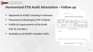 6
CA/B Forum Meeting –
London July 7th, 2018
• Approved at ACAB’c meeting in February
• Presented at Washington F2F in March
• Fulfills all requirements of the Draft
ETSI TS 119 403-2
• Available to all ACAB’c member CAB’s
Harmonized ETSI Audit Attestation – Follow up
 
