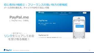 初心者向け機能①：フリーランスの強い味方の新機能
©2016 PayPal Inc. Confidential and proprietary. 17
メール決済の進化系。チャットやSMSで支払い可能
PayPal.me
(「PayPal me」で検索)
一言で言うと・・・
リンクをシェアしてお金
を受け取る機能！
 