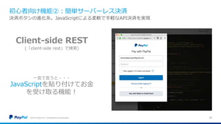 初心者向け機能②：簡単サーバーレス決済
©2016 PayPal Inc. Confidential and proprietary. 20
決済ボタンの進化系。JavaScriptによる柔軟で手軽なAPI決済を実現
Client-side REST
(「client-side rest」で検索)
一言で言うと・・・
JavaScriptを貼り付けてお金
を受け取る機能！
 