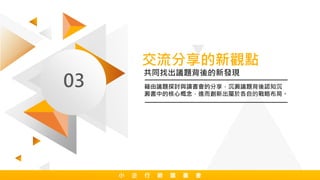 交流分享的新觀點
03 藉由議題探討與讀書會的分享，沉澱議題背後認知沉
澱書中的核心概念，進而創新出屬於各自的戰略布局。
小 企 行 銷 讀 書 會
共同找出議題背後的新發現
小 企 行 銷 讀 書 會
 