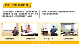 小企行銷幫主Ben，在導讀的過程，從個案的角度來解
析戰略邏輯。另一方面，藉由題目讓參與者思考，每個
題目後面的解答，並且對應到導讀的小咖戰略。
讓學習不僅是得到資訊，更是連結個人既有的知識，
打造出個人的新知識網絡。
〔導讀分享〕 〔議題探討〕 〔問題交流〕 〔反思沉澱〕
交流，找出突破戰略
小 企 行 銷 讀 書 會
 