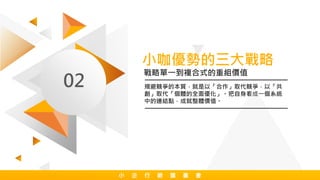 小咖優勢的三大戰略
02 規避競爭的本質，就是以「合作」取代競爭，以「共
創」取代「個體的全面優化」。把自身看成一個系統
中的連結點，成就整體價值。
小 企 行 銷 讀 書 會
戰略單一到複合式的重組價值
小 企 行 銷 讀 書 會
 