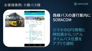 お客様事例: 十勝バス様
路線バスの運行案内に
SORACOM
スマホのGPS情報と
時刻表から、リアル
タイムバス位置を
アプリで通知
 