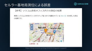 https://blog.soracom.jp/blog/2018/05/23/geoloc-support/
セルラー基地局測位による誤差
 