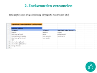 2. Zoekwoorden verzamelen
Zet je zoekwoorden en specificaties op een logische manier in een tabel
 