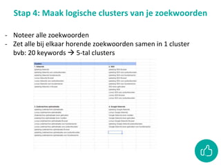 Stap 4: Maak logische clusters van je zoekwoorden
- Noteer alle zoekwoorden
- Zet alle bij elkaar horende zoekwoorden samen in 1 cluster
bvb: 20 keywords  5-tal clusters
 