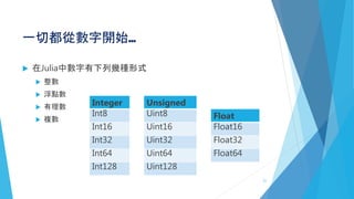 一切都從數字開始…
 在Julia中數字有下列幾種形式
 整數
 浮點數
 有理數
 複數
21
Integer
Int8
Int16
Int32
Int64
Int128
Unsigned
Uint8
Uint16
Uint32
Uint64
Uint128
Float
Float16
Float32
Float64
 