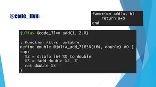@code_llvm
julia> @code_llvm add(1, 2.0)
; Function Attrs: uwtable
define double @julia_add_71636(i64, double) #0 {
top:
%2 = sitofp i64 %0 to double
%3 = fadd double %2, %1
ret double %3
}
function add(a, b)
return a+b
end
52
 