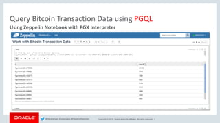 Copyright © 2018, Oracle and/or its affiliates. All rights reserved. |
Query Bitcoin Transaction Data using PGQL
Using Zeppelin Notebook with PGX Interpreter
@kpatenge @alanzwu @SpatialHannes
 