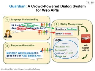 Live Note/QA: http://tinyurl.com/KenDefense
75 / 85
Guardian: A Crowd-Powered Dialog System
for Web APIs
3
2 Dialog Manage...