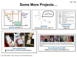 Live Note/QA: http://tinyurl.com/KenDefense
80 / 85
Some More Projects…
Ignition HCOMP’17
WearMail
Swaminathan et al. UIST...