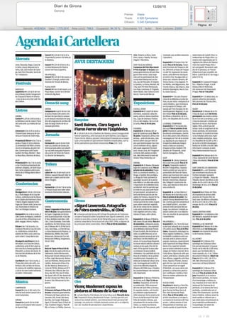 13/06/18Diari de Girona
Gerona
Prensa: Diaria
Tirada: 6.926 Ejemplares
Difusión: 5.040 Ejemplares
Página: 42
Sección: AGENDA Valor: 1.775,00 € Área (cm2): 798,6 Ocupación: 94,16 % Documento: 1/1 Autor: Núm. Lectores: 23000
Cód:118661510
11 / 21
 