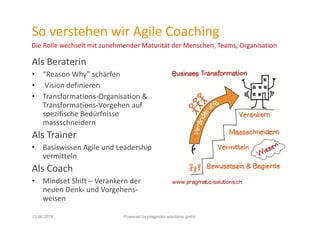 So verstehen wir Agile Coaching
Als Beraterin
• “Reason Why” schärfen
• Vision definieren
• Transformations-Organisation &
Transformations-Vorgehen auf
spezifische Bedürfnisse
massschneidern
Als Trainer
• Basiswissen Agile und Leadership
vermitteln
Als Coach
• Mindset Shift – Verankern der
neuen Denk- und Vorgehens-
weisen
Die Rolle wechselt mit zunehmender Maturität der Menschen, Teams, Organisation
13.06.2018 Powered by pragmatic solutions gmbh
 
