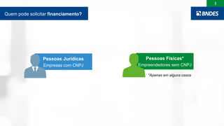 3
Quem pode solicitar financiamento?
Pessoas Físicas*
Empreendedores sem CNPJ
*Apenas em alguns casos
Pessoas Jurídicas
Empresas com CNPJ
 