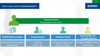 4
Pessoas Físicas
Empreendedores sem CNPJ*
BNDES Microcrédito
Instituições de microcrédito
repassadoras
Caminhoneiro
Caminhão,
carreto, etc.
Produtor Rural
Programas agrícolas do
Governo Federal
Quem pode solicitar financiamento?
Consumidor de
Energia Elétrica
Programa BNDES Finame
Fundo Clima
 