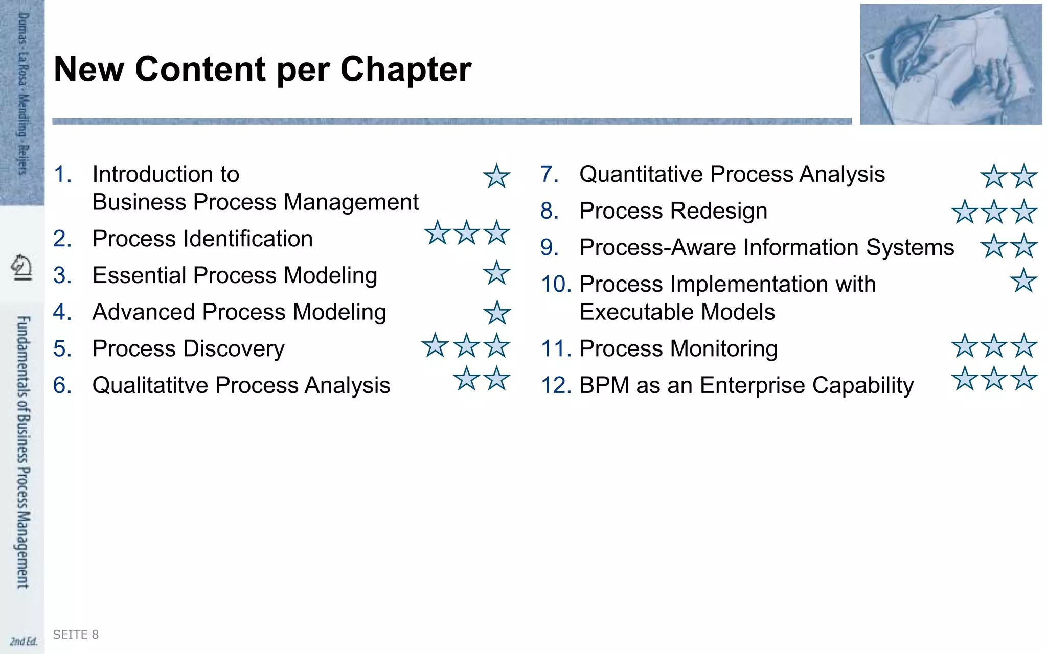 1. Introduction to
Business Process Management
2. Process Identification
3. Essential Process Modeling
4. Advanced Process Modeling
5. Process Discovery
6. Qualitatitve Process Analysis
7. Quantitative Process Analysis
8. Process Redesign
9. Process-Aware Information Systems
10. Process Implementation with
Executable Models
11. Process Monitoring
12. BPM as an Enterprise Capability
New Content per Chapter
SEITE 8
 