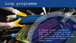 Loop programme
A unique global innovation
platform on circular economy
that aims to close the loop on
high-emissions material systems,
and dematerialise demand in
urban areas.
 