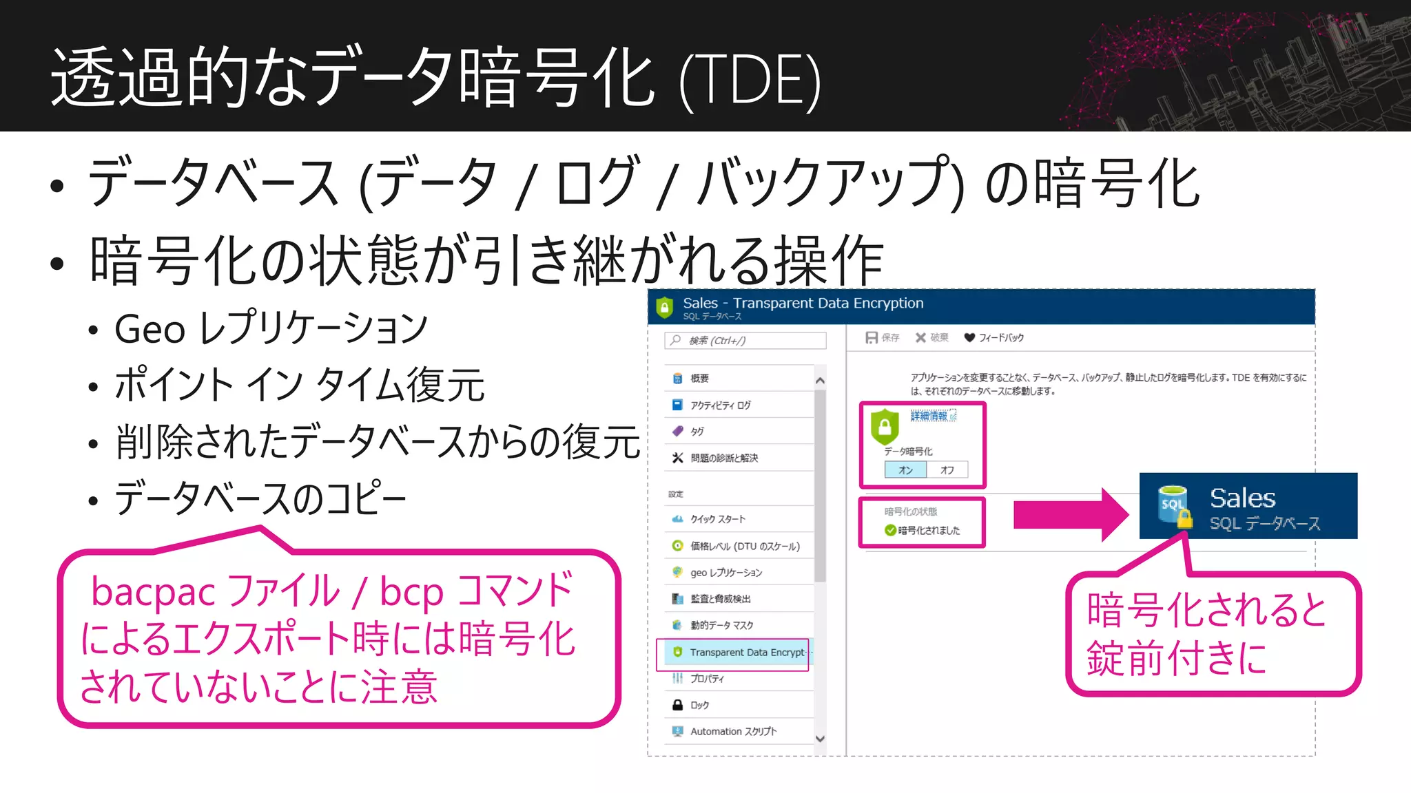 透過的なデータ暗号化 (TDE)
暗号化されると
錠前付きに
bacpac ファイル / bcp コマンド
によるエクスポート時には暗号化
されていないことに注意
 
