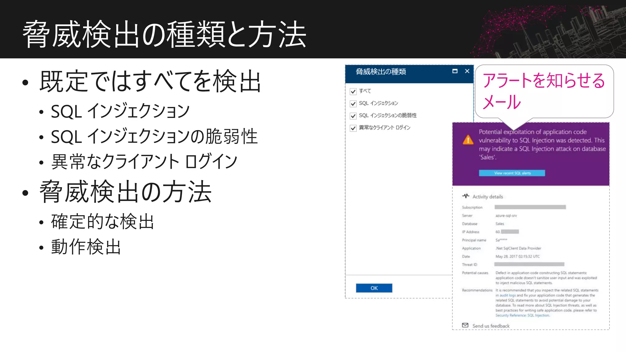 脅威検出の種類と方法
アラートを知らせる
メール
 