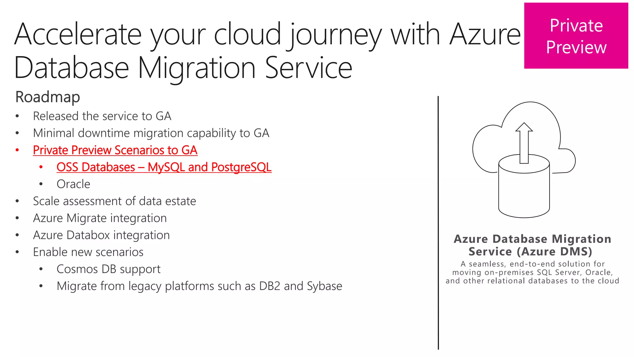 • Private Preview Scenarios to GA
• OSS Databases – MySQL and PostgreSQL
Azure Database Migration
Service (Azure DMS)
A seamless, end-to-end solution for
moving on-premises SQL Server, Oracle,
and other relational databases to the cloud
 